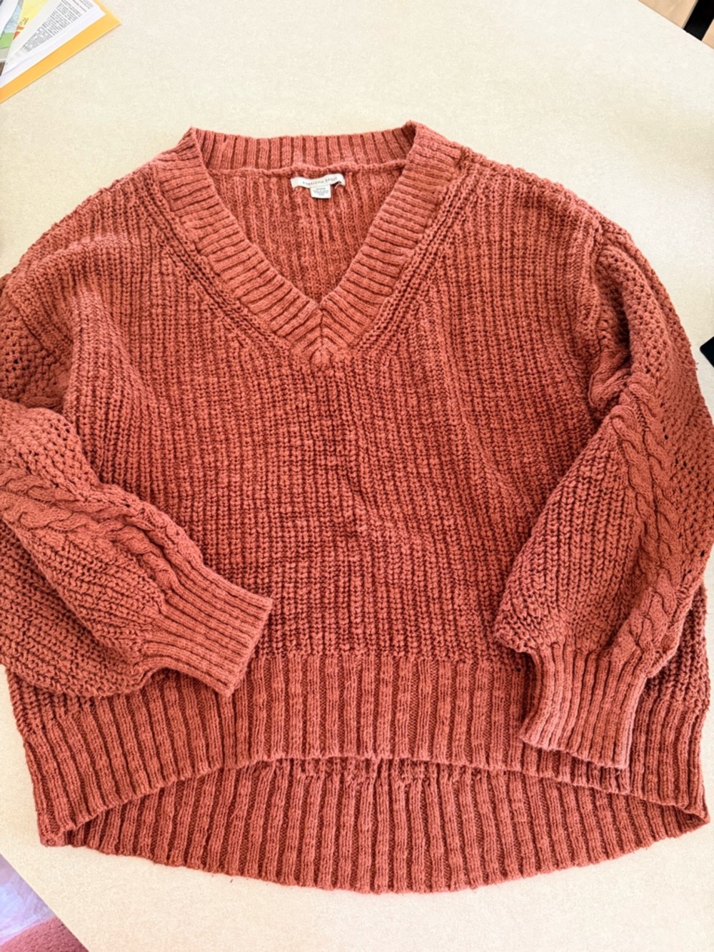 American Eagle Outfitters V-Neck Cable Sleeve Sweater - Rust